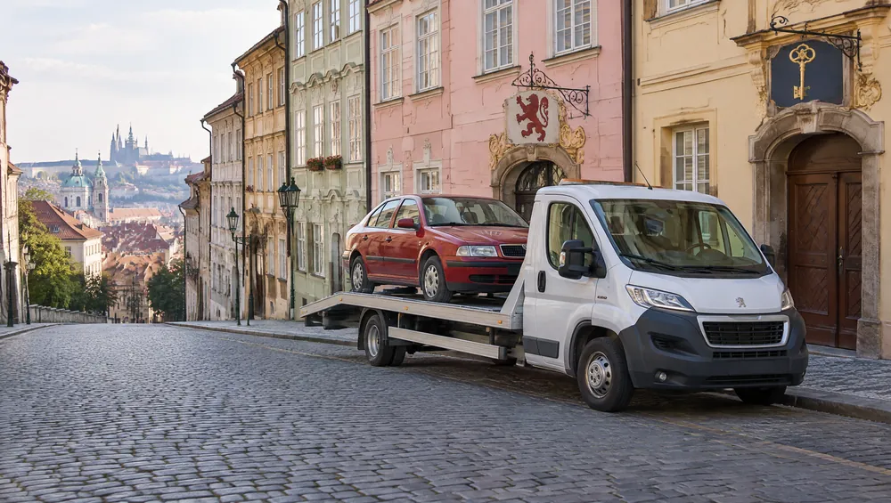 Bílá odtahovka s červenou Škodou Octavií v dlážděné uličce na Malé Straně pod domovními znameními