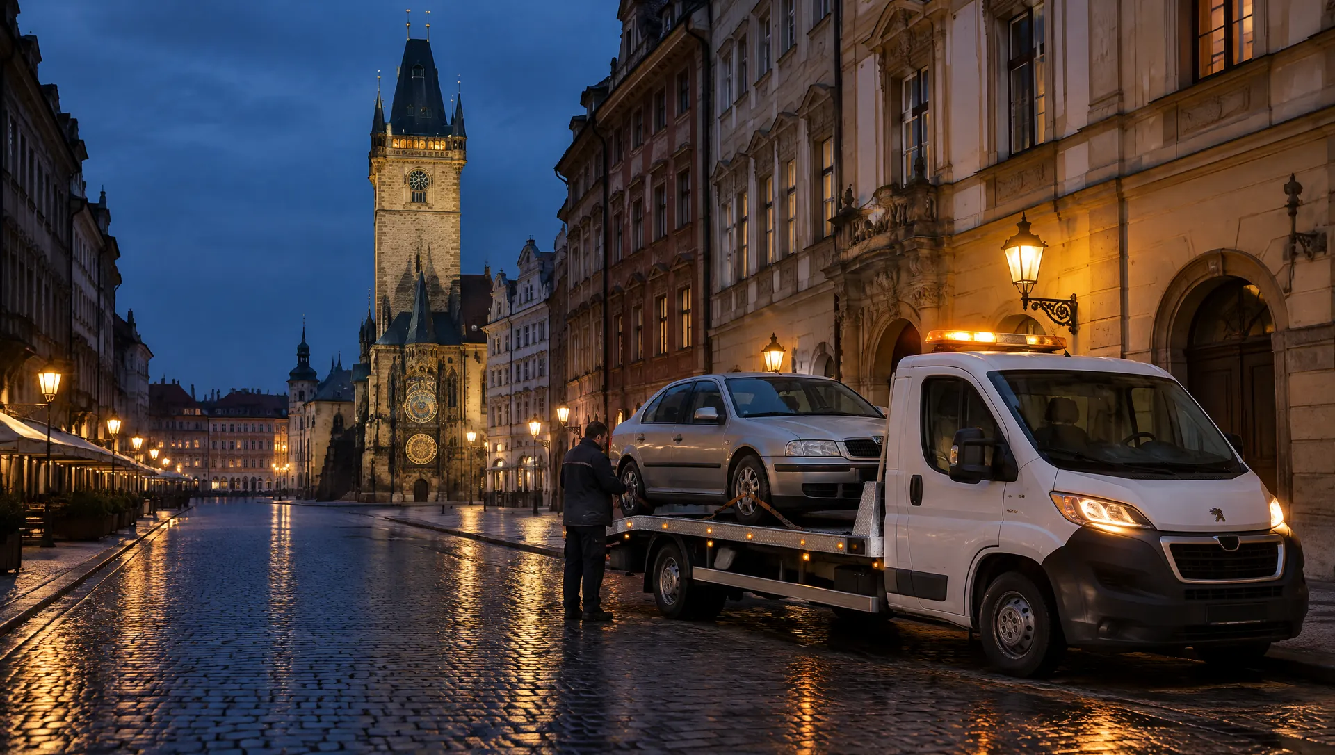 Řidič kontroluje upevnění stříbrné Škody Octavie na bílé odtahovce v uličce Starého Města, v pozadí věž Staroměstské radnice s orlojem