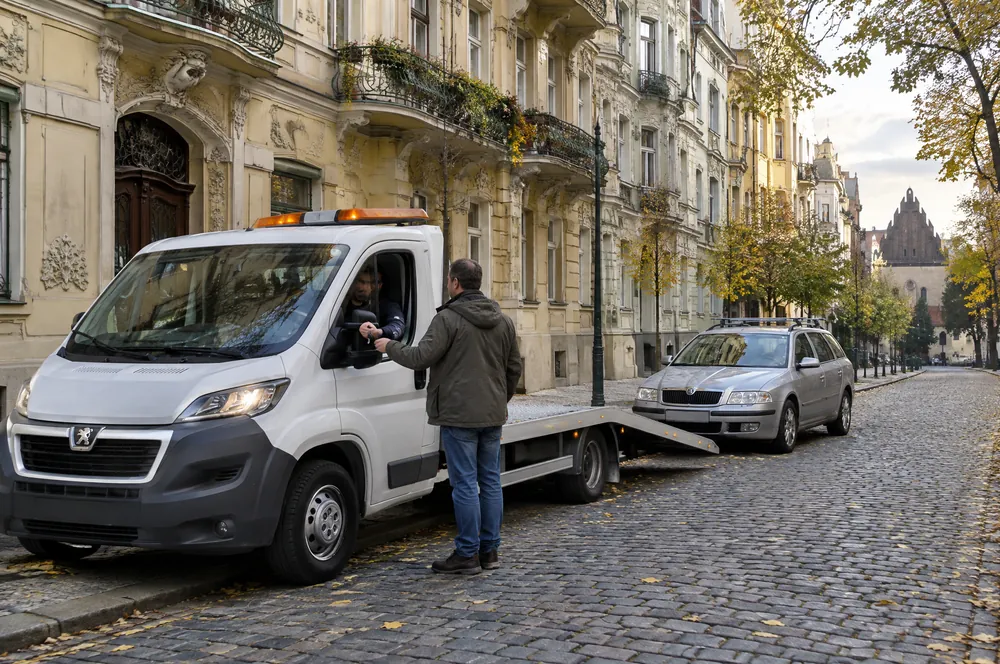 Majitel předává řidiči odtahovky jen klíček v Široké ulici v Josefově, za vozem stojí stříbrná Škoda Octavia combi