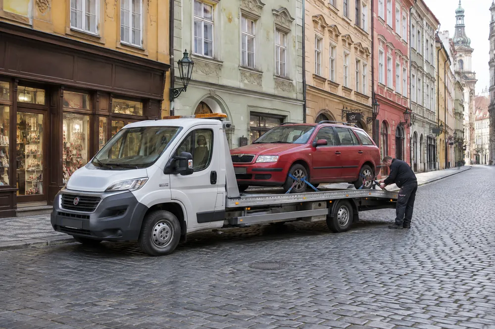 Řidič utahuje popruh na červené Škodě Fabii combi naložené na odtahovce v Dlouhé ulici na Starém Městě