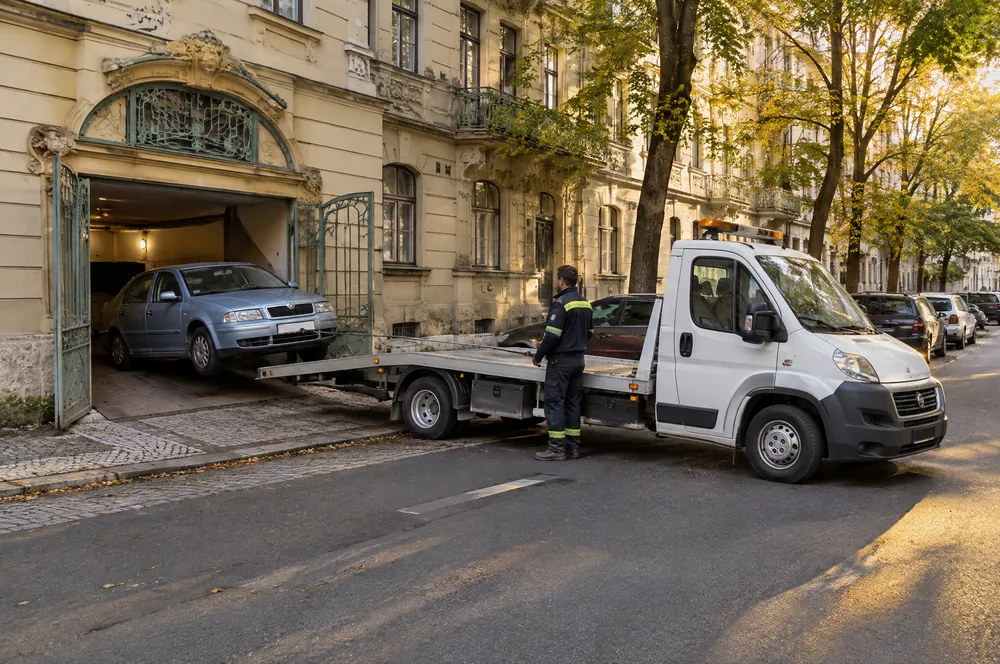 Naviják vytahuje modrou Škodu Fabii z garáže ve dvoře činžovního domu na Vinohradech