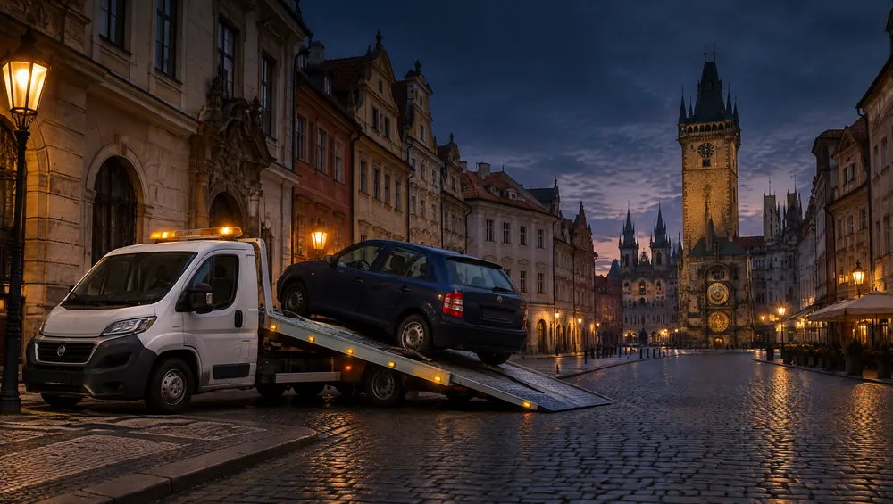 Bílá odtahovka nakládá tmavě modrou Škodu Fabii v noční uličce Starého Města, v pozadí věž radnice s orlojem