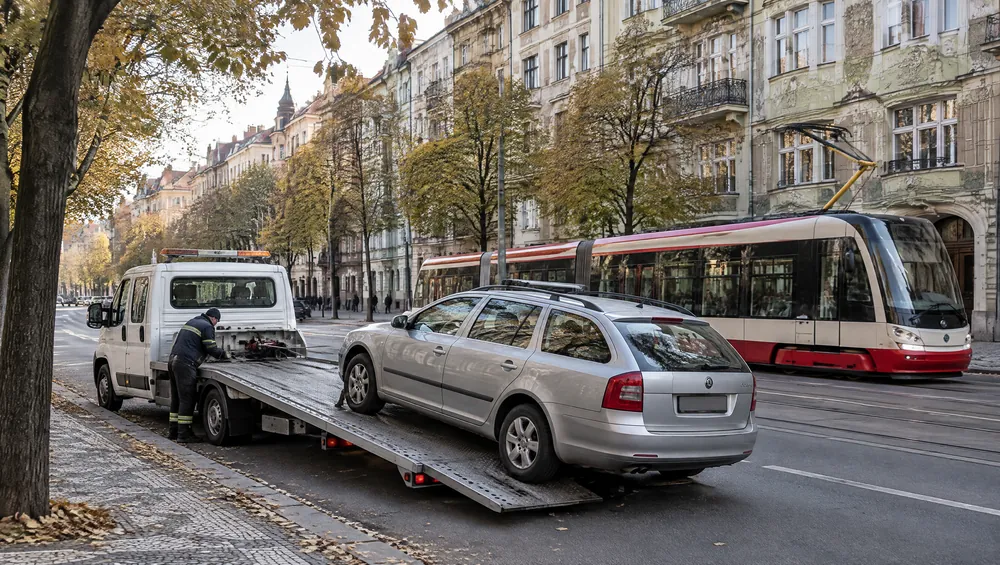 Odtahovka nakládá stříbrnou Škodu Octavii combi u chodníku na Vinohradech, vedle projíždí tramvaj